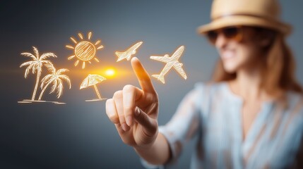 A traveler interacts with a glowing summer travel interface, featuring minimalist icons  clean, modern, and vacation-ready.