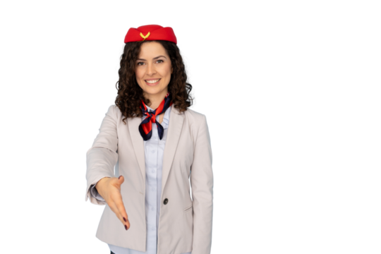 Friendly flight attendant extending hand for a handshake, isolated on transparent background, perfect for travel and hospitality projects