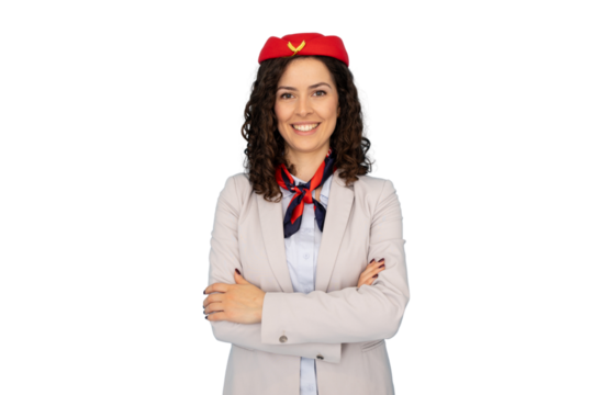 Cheerful flight attendant smiling confidently, arms crossed, wearing uniform against transparent background