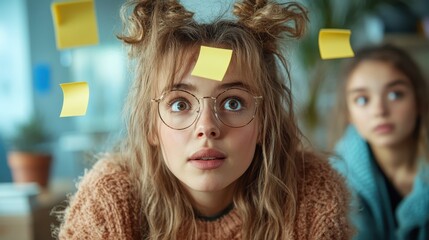A surprised girl in a cozy classroom looks astonished as sticky notes fly around her, capturing a moment of unexpected excitement and creativity in learning.