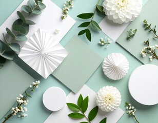 White and sage background ,Minimalist  White Flowers for Wedding Invitation, party invites , digital creations, top view