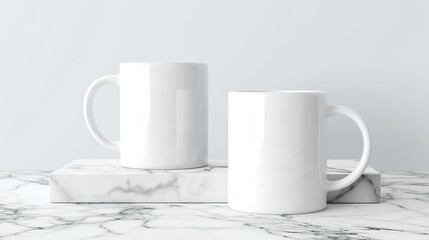 White Mugs Mockup on Marble Surface with Minimalist Decor 