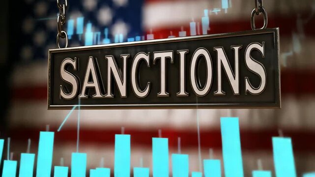 Metal sign with word 'Sanctions' in front of moving economic charts on American flag background, dark patriotic video with left copy space for news, politics, finance content, and economic analysis 