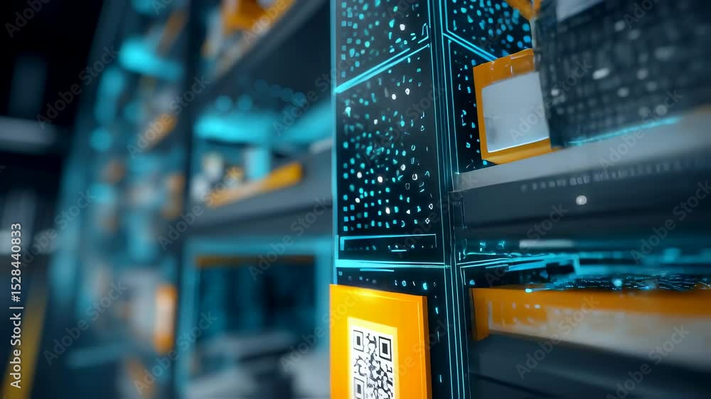 Poster futuristic warehouse management system uses qr codes and augmented reality interface to track and ma