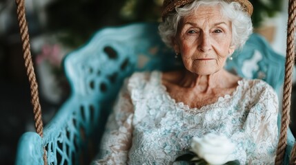 An elderly woman sits gracefully on a swing, radiating charm and wisdom with her soft expression and delicate lace attire, symbolizing beauty in aging and timeless elegance.