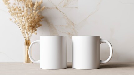White Mugs Mockup on Marble Surface with Minimalist Decor 