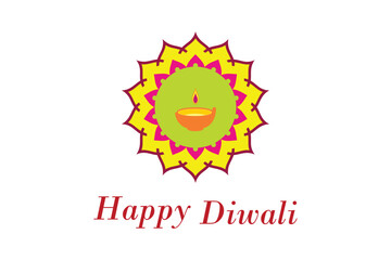 Happy Diwali Festival Greeting with Traditional Diya Lamp and Rangoli Design

