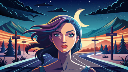 close up Woman facing a crossroads at dusk, under a crescent moon. Very beautiful 