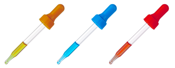 three colored transfer pipette isolated on white background