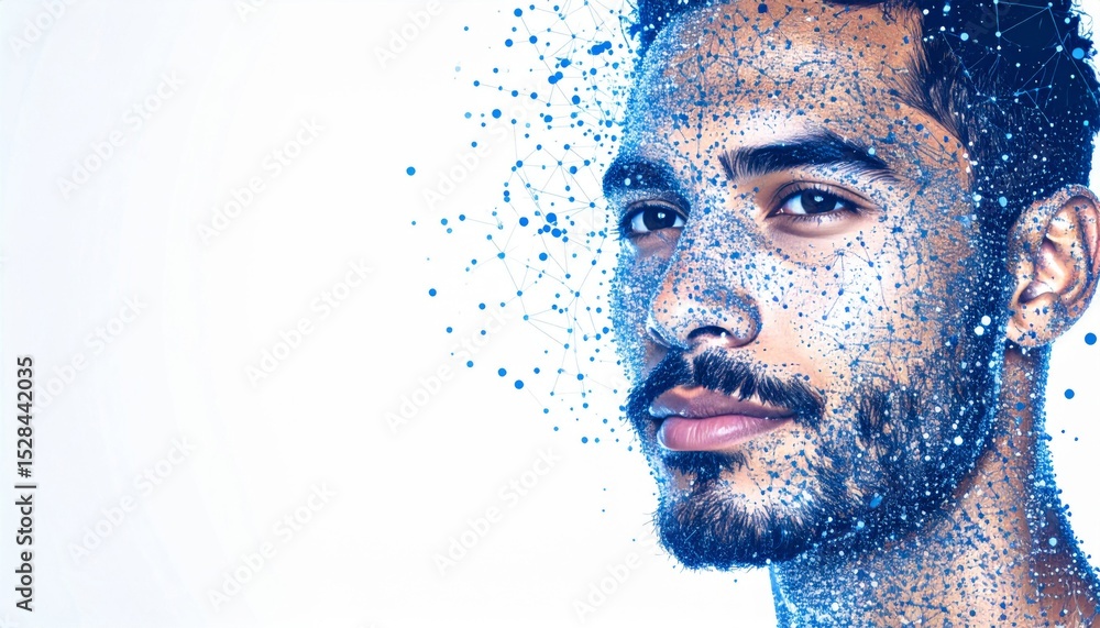 Poster Digital Portrait of a Man Disintegrating into Blue Pixels