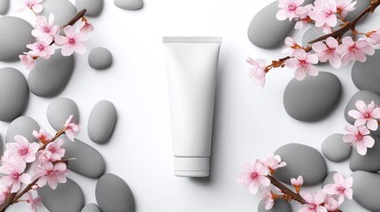 White Cosmetic Tube Mockup with Pink Flowers and Grey Stones 