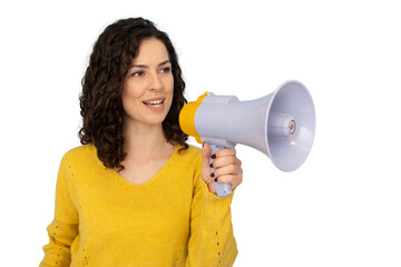Young woman holding and speaking into megaphone, making an announcement with transparent background