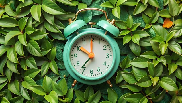 Mint green alarm clock with orange details and lush - Powered by Adobe
