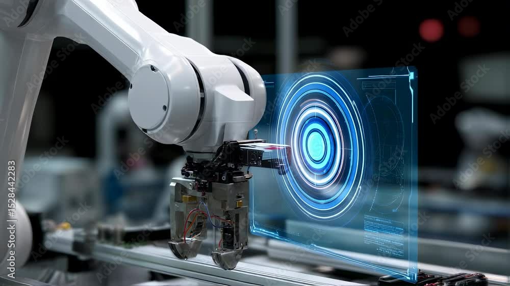 Poster advanced robotic arm manipulating objects in a modern factory setting, utilizing a futuristic heads 