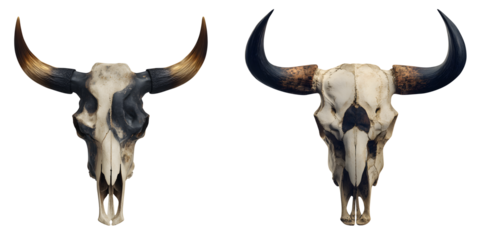 Two weathered longhorn skulls, isolated on transparent background, one with dark accents, the other with natural tones