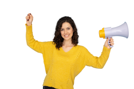 Young woman holding megaphone and raising hand celebrating, isolated on transparent background