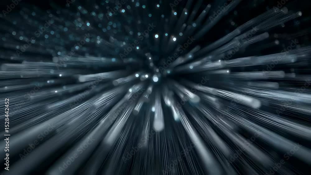 Poster light streaks expand from the center, resembling a burst or explosion, with sparkling particles addi