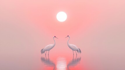 Serene White Cranes Against Soft Red Sun on Horizon at Dusk