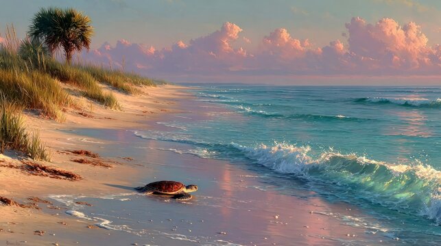 Sea Turtle Crawling on Sandy Beach at Sunrise