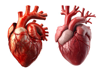 Two detailed anatomical human hearts, isolated on transparent background, showcasing intricate vascular networks and chambers in vivid red