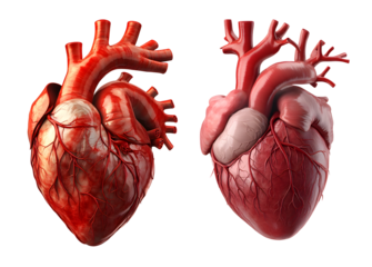 Two detailed anatomical human hearts, isolated on transparent background, showcasing intricate vascular networks and chambers in vivid red
