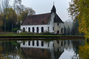 Obraz premium Le prieuré de l'abbaye du Rouge-Cloître dans un cadre bucolique en automne se reflétant dans l'étang en pleine forêt de Soignes à Auderghem