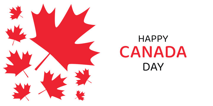 Canada Day background with multiple red maple leaves and Happy Canada Day text. Simple festive greeting for national holiday in Canada. Vector illustration on white background.