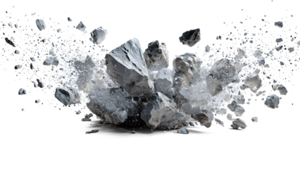 A cataclysmic explosion of grey rock fragments, isolated on transparent background, creates a dramatic visual spectacle