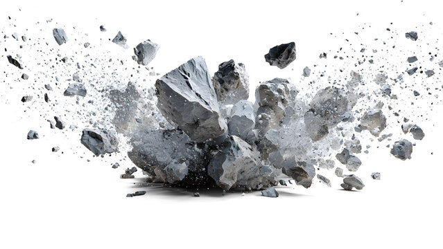 A cataclysmic explosion of grey rock fragments, isolated on transparent background, creates a dramatic visual spectacle