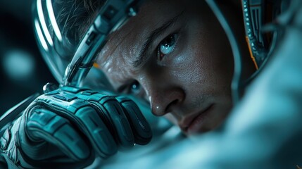 A close-up portrait of an astronaut exuding focus and determination, set against a futuristic space environment illuminated by ambient light and technology.