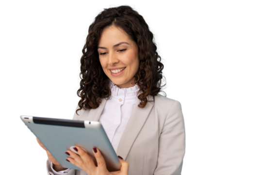 Businesswoman smiling while engaging with a digital tablet, showcasing technology and professionalism against a transparent background