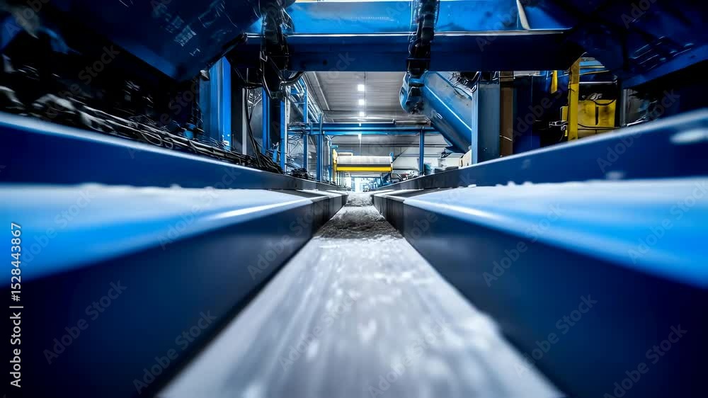 Poster fluffy recycled material is being processed and transported on a conveyor belt inside a modern waste