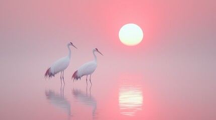 Serene Dawn with Two Cranes Against a Red Rising Sun on Horizon