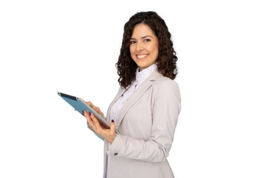 Smiling professional woman working on digital tablet, transparent backdrop highlighting versatile corporate technology usage