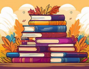 book fair or festival horizontal banner with a stack of books flat illustration background for school education library or bookstore sale design concept