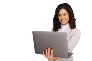 Smiling businesswoman holding and using a laptop with transparent background, ideal for easy integration into any design project