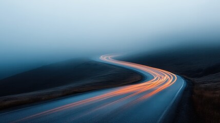 Naklejka premium A winding road vanishing into a foggy landscape, with soft light trails indicating movement, creating a sense of mystery and adventure in a serene yet eerie environment.