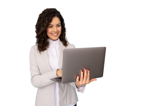 Professional female working on laptop, typing with smile, transparent png background, seamless project integration