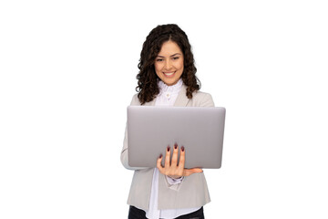 Happy businesswoman holding and using laptop with transparent background, perfect for easy...