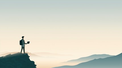 Traveler on Mountain Peak with Laptop and Vast Landscape
