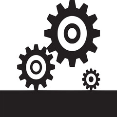 Three black gears of varying sizes arranged on a white background with a black bar at the bottom