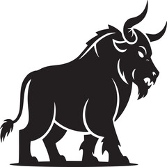 Black silhouette of an angry bull with curved horns and a tail standing on a white background