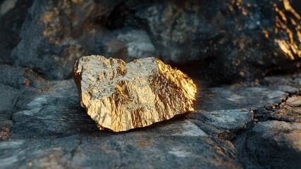 Close-up of a golden nugget on rocky ground, illuminated by warm light - Powered by Adobe