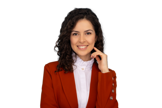 Confident businesswoman in red suit and white shirt gently touching her chin, smiling on a transparent background - Powered by Adobe