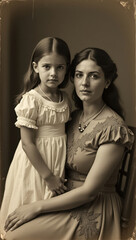 Vintage-style studio portrait of a mother and daughter wearing matching outfits, showcasing an elegant and classical representation of familial bond and timeless fashion