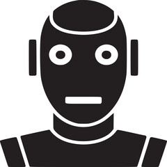 Illustration of a black robot with large round eyes and rectangular mouth on a white background