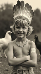 Young child smiling confidently in a rural setting, featuring a feathered headpiece and chickens in the background, creating a cheerful and rustic atmosphere