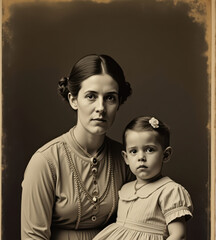Vintage-style studio portrait of a mother and daughter wearing matching outfits, showcasing an elegant and classical representation of familial bond and timeless fashion