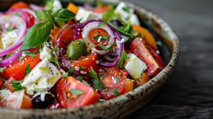 An artisan bowl filled with a vibrant salad of fresh vegetables, including tomatoes, herbs, and feta, showcasing natural colors and healthy eating in a rustic style.