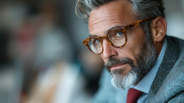 A distinguished man with stylish glasses and well-groomed grey hair exudes professionalism and charisma, embodying wisdom and experience in a contemporary setting.
